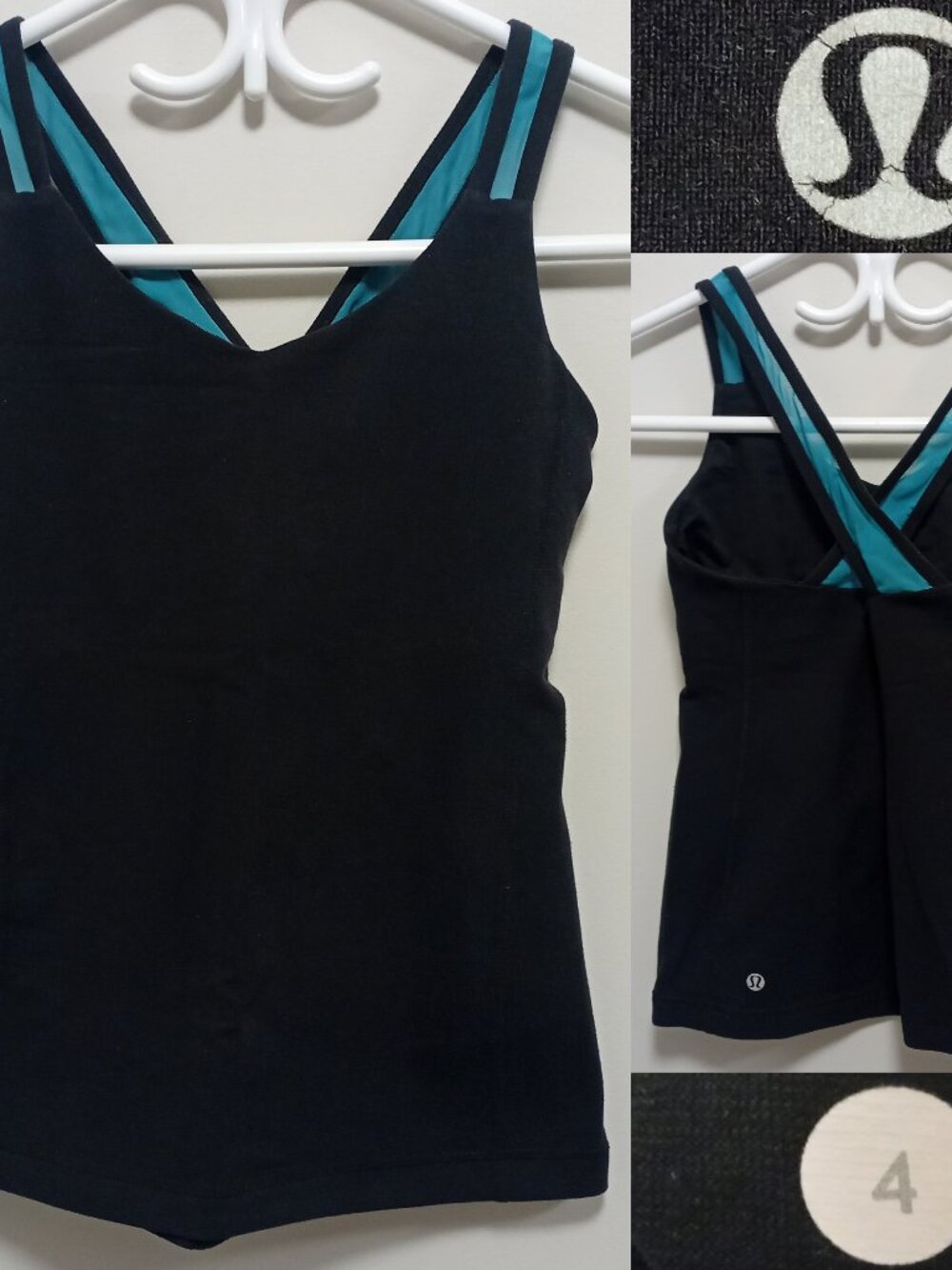 Lululemon Teal Turquois Tank Size Mesh Straps 4 XS Womans Black Crossback Top